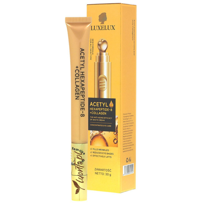 LUXELUX Krem przeciwstarzeniowy pod oczy z kolagenem i Acetyl Hexapeptide-8 30 g z masażerem