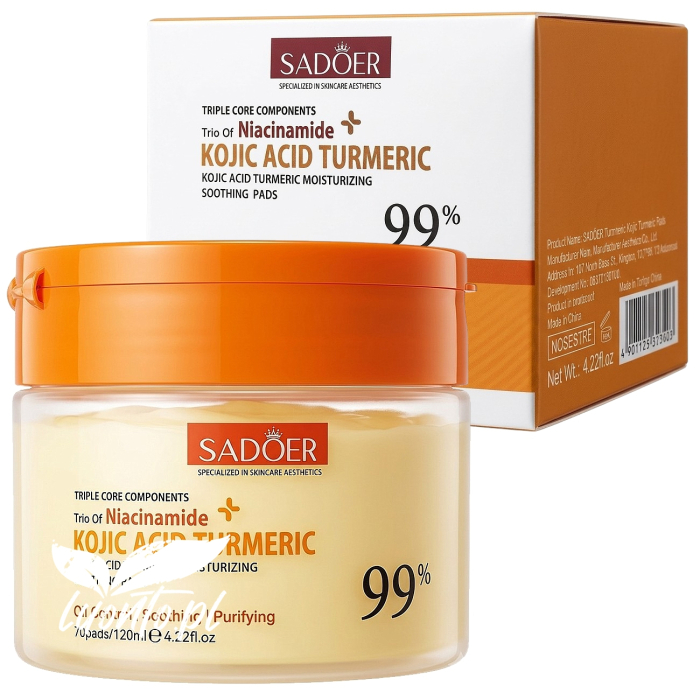 SADOER Płatki do twarzy z kwasem kojowym i kurkumą rozjaśniająco-łagodzące Kojic Acid Turmeric Pads 70 szt.